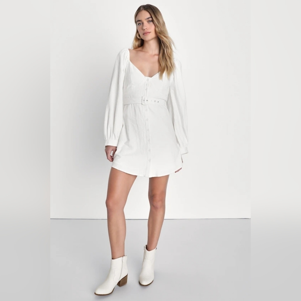 Ideal Impression Ivory Balloon Sleeve Belted Mini Dress